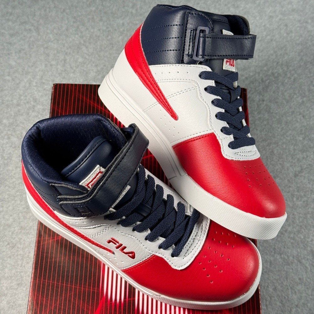 FILA Vulc 13 Red White Navy High‑Top Kid's 3.5 Classic Strap Sneakers NIB